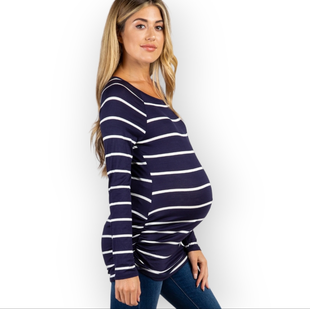 ROSIE POPE Navy Striped Ruched Maternity Top, Navy/ White XL - Picture 1 of 14